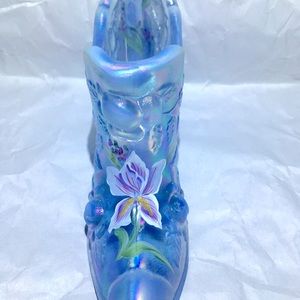 Ice Blue Carnival Art Glass Fenton Shoe-Cabbage Rose Slipper-Pink Iris-Signed/63